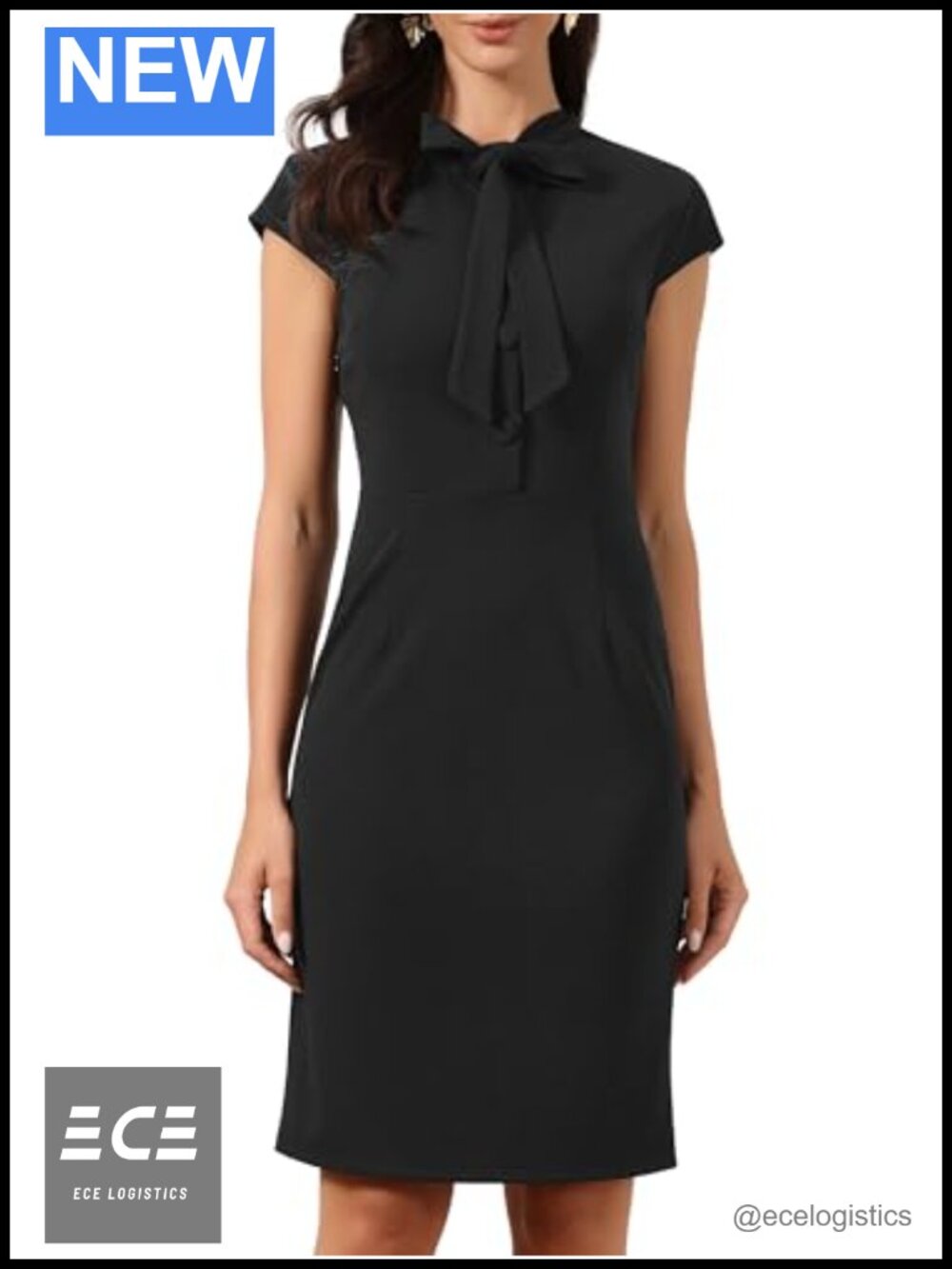 Allegra K Sheath Dress Bow Tie Neck Cap Sleeve Business Casual